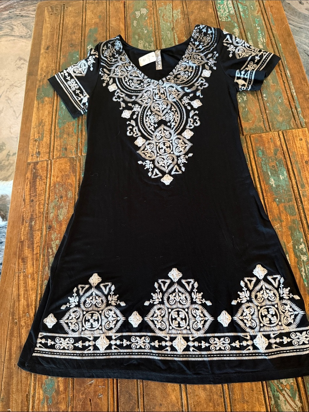 Voll Style Black Mini Dress with White Embroidered Detail